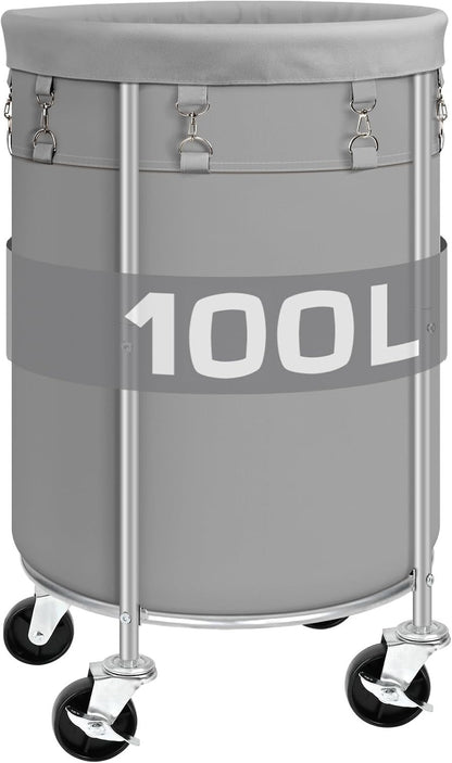 100L Round Rolling Laundry Hamper Basket with Wheels, Grey | Laundry Sorter Cart with Removable Bag, Clothes Organizer, Metal Frame, Bedroom, Bathroom, Laundry Room, Dorm Use