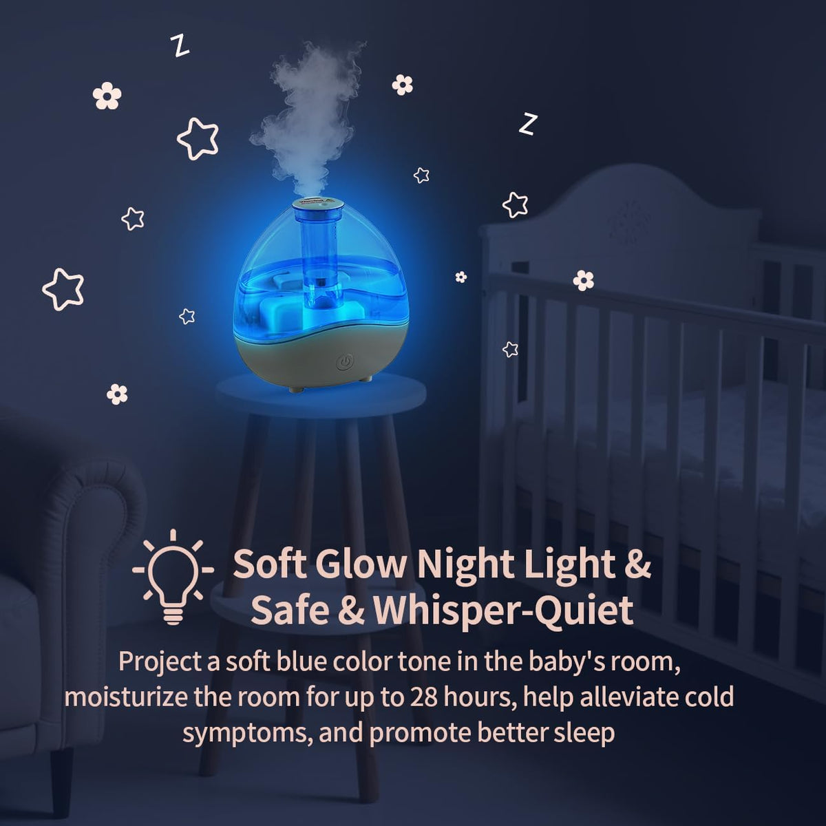 1.5L Cool Mist Humidifier for Bedroom with 360° Adjustable Nozzle, Quiet Ultrasonic Air Humidifier For Babies Nursery, Office, Indoor Plants, Auto-Shut Off,Light-Off,High and Low Mist Levels
