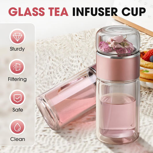 Runsgo Double Wall Glass Tea Infuser Bottle Tumbler,Leakproof Travel Mug With Stainless Steel Filter For Loose Leaf Tea & Fruit Water, Hot Or Cold Ready, Suit For Office Home (Purple-red, 350ml)