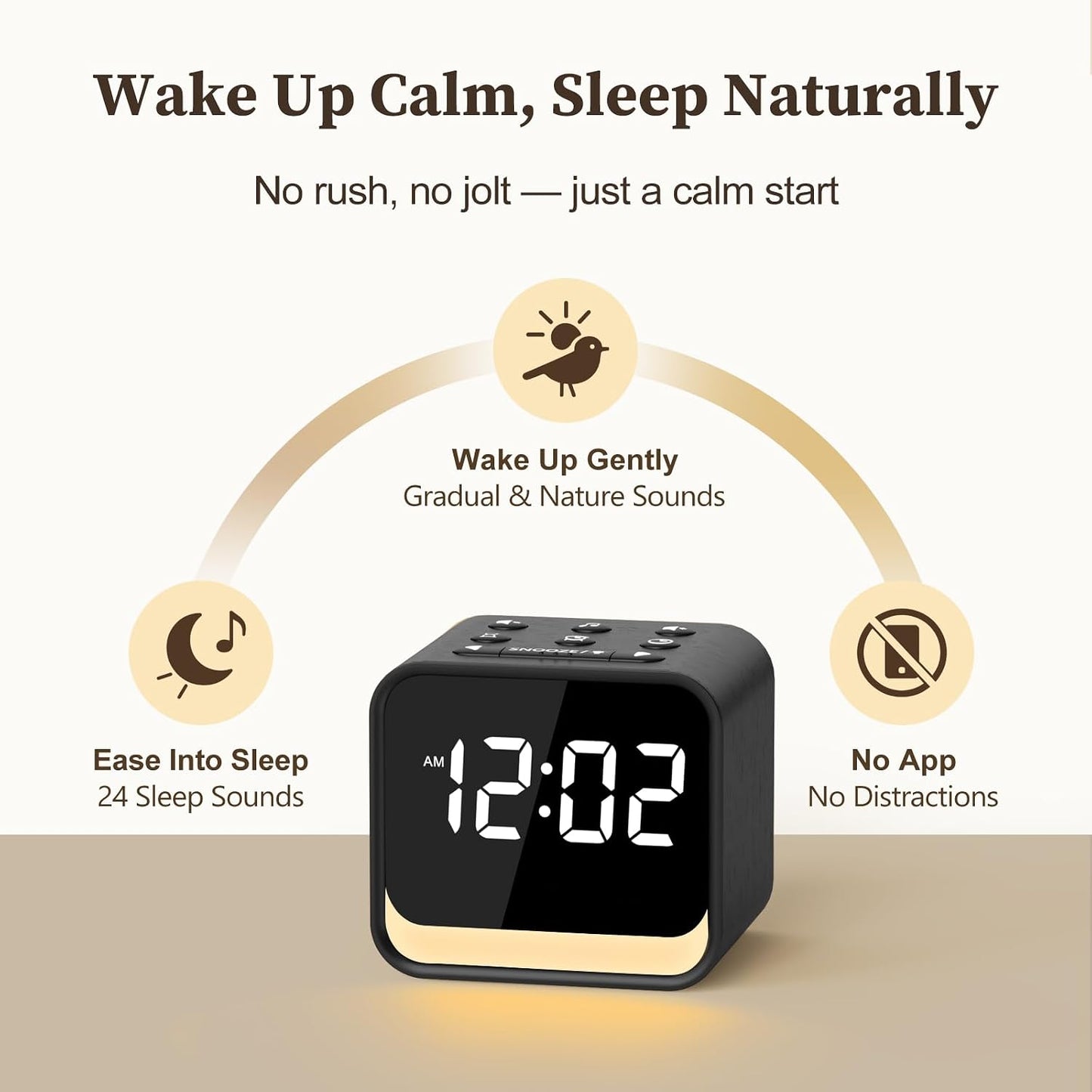 Housbay Wooden Sound Machine Alarm Clock for Bedrooms - Gentle Wake-Up with Birdsong, White Noise for Sleeping, Small Digital Clock for Phone-Free Routine