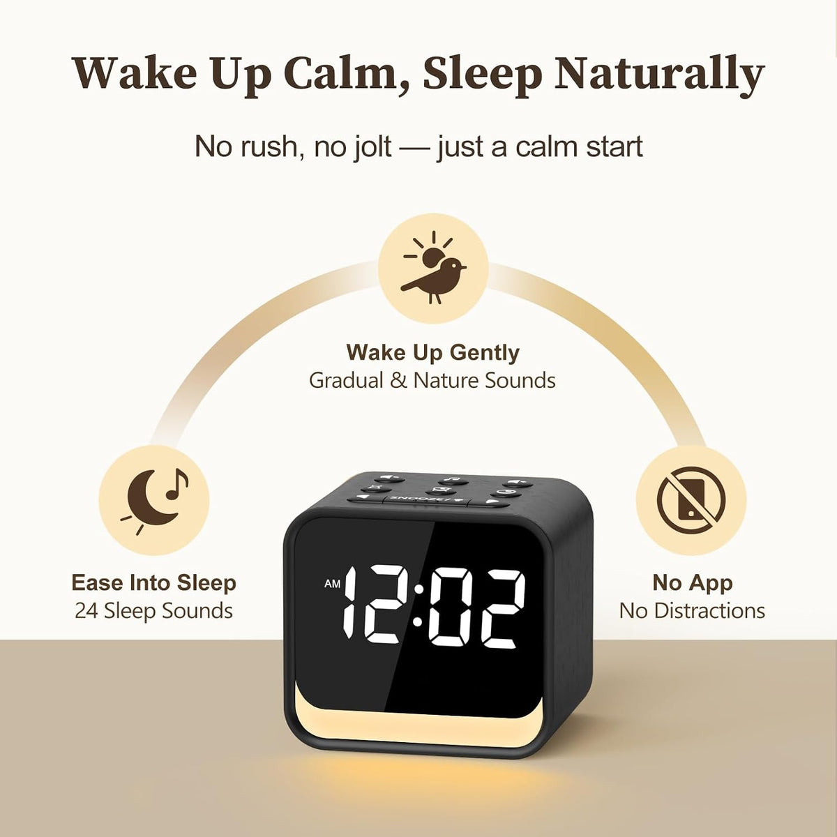 Housbay Wooden Sound Machine Alarm Clock for Bedrooms - Gentle Wake-Up with Birdsong, White Noise for Sleeping, Small Digital Clock for Phone-Free Routine