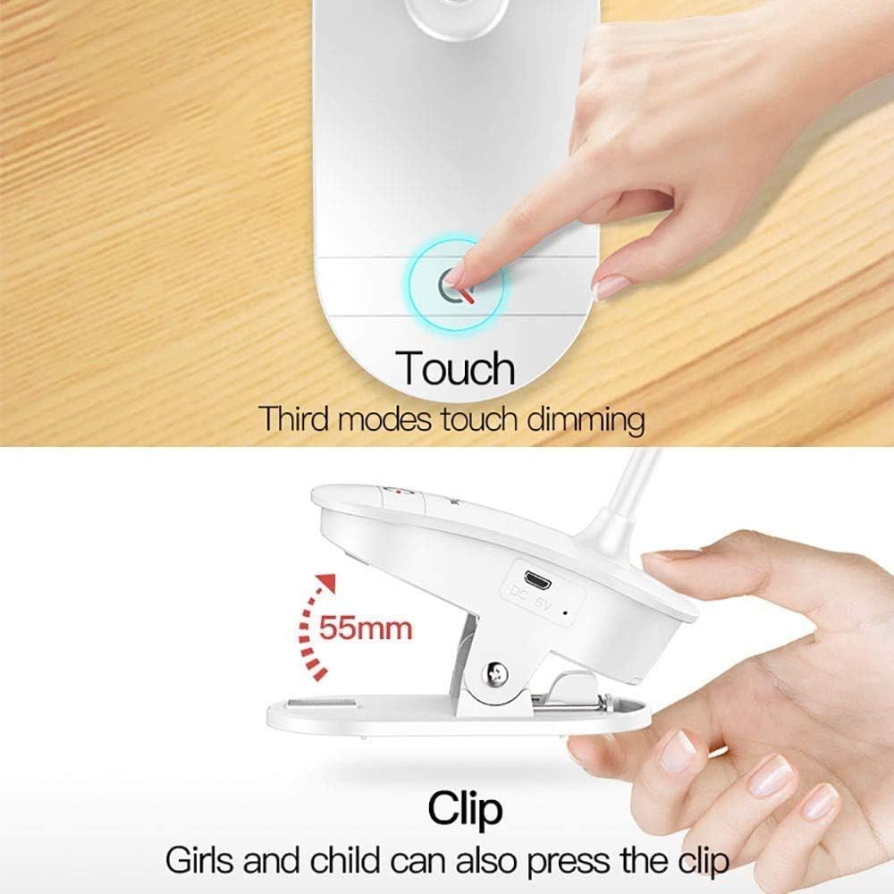 Clip on Reading Lamp, Battery Powered with 3 Brightness Levels, USB Rechargeable