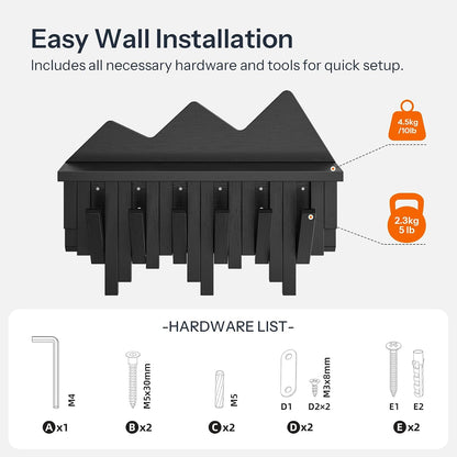 HOOBRO Wall Hooks with Shelf, Coat Rack with Shelf Wall-Mounted, Entryway Wall Key Holder, Hat Rack for Walls, Purse Hanger for Wall, Entryway Hanging Shelf with 6 Retractable Pegs, Black BK46YM01
