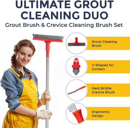 Foxtrot Living Grout Brush with Long Handle and Crevice Cleaning Brush Set | V-shaped, telescopic handle, crevice cleaning included, Grout cleaner for tile floors