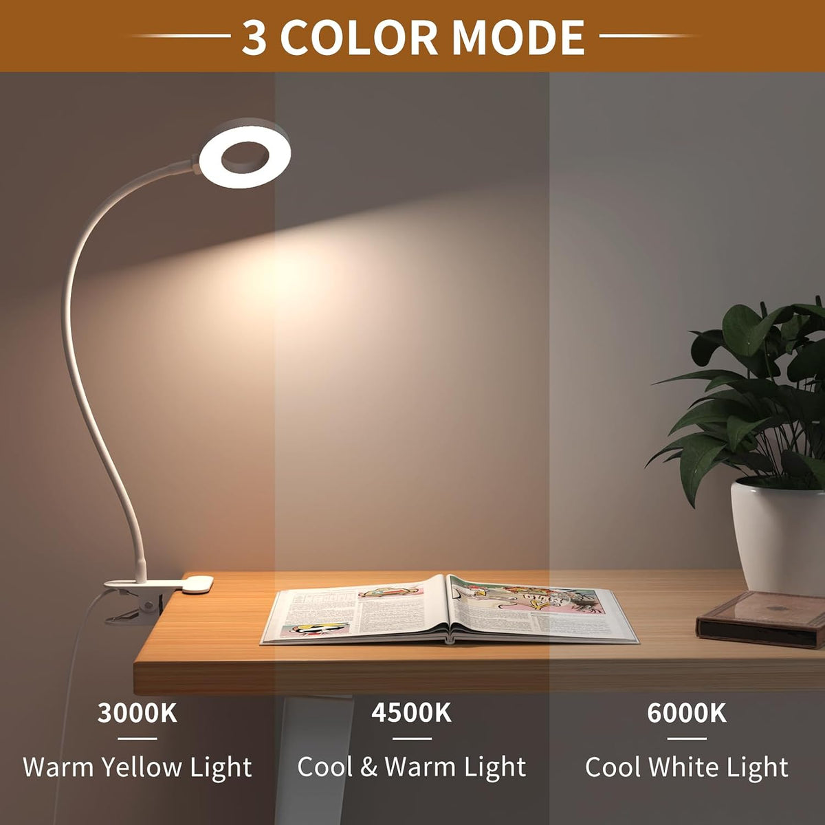 iZELL Desk Lamp, [3 Color Modes & 10 Brightness] LED Reading Light with Clamp, Silicone Flexible Arm Book Light for Kids Reading Book in Bed at Night Clip on Table, Headboard, Dorm - 15.8‘’ Black