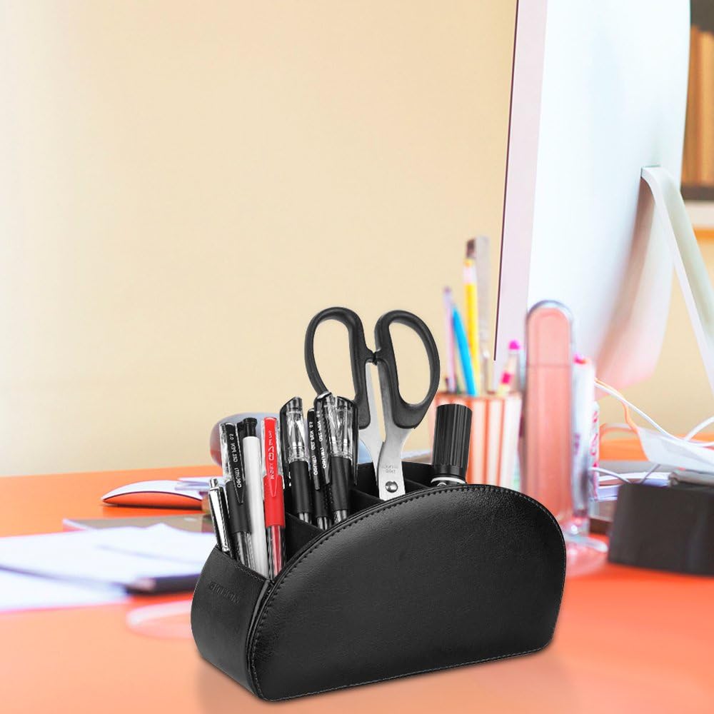SITHON Remote Control Holder with 5 Compartments | PU Leather Remote Caddy Desktop Organizer Store TV, DVD, Blu-Ray, Media Player, Heater Controllers, Stripe Black