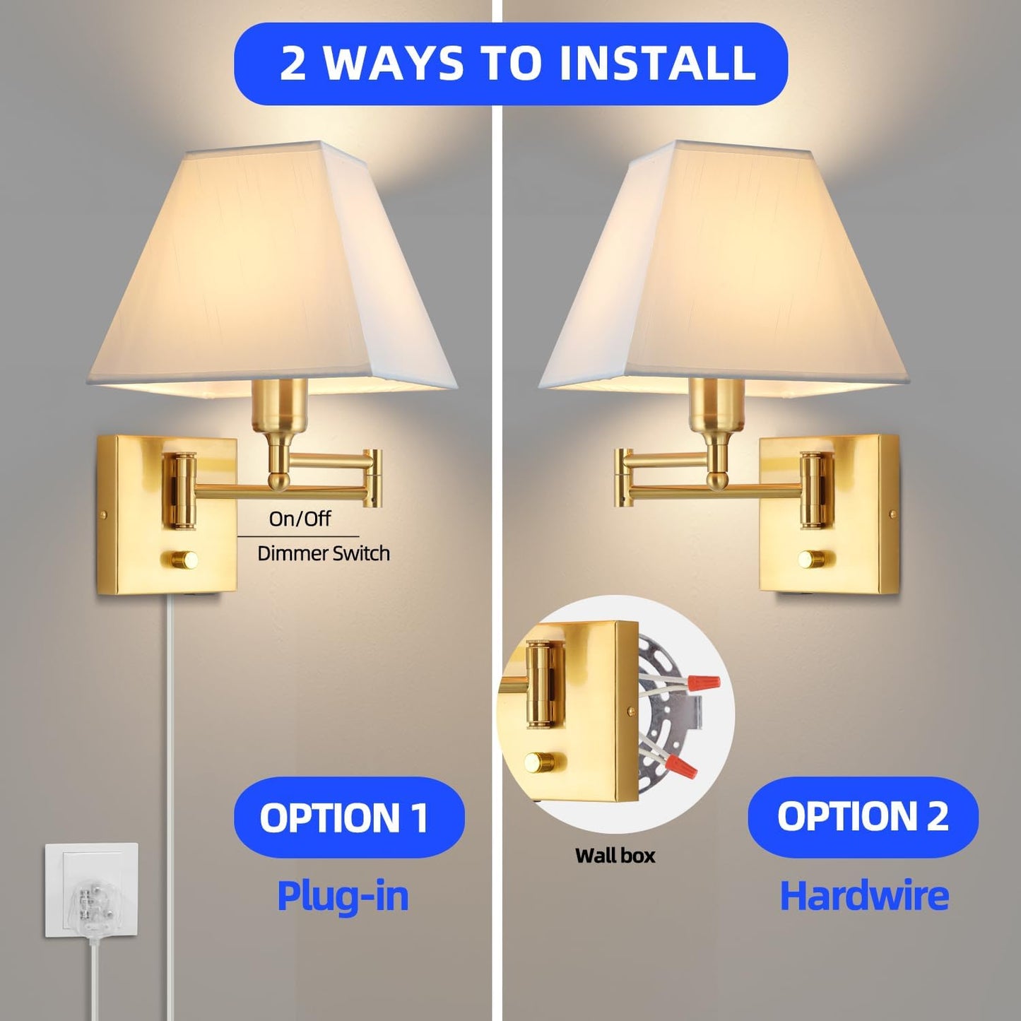 Wall Mounted Lamp Plug in Wall Sconce with Dimmable Switch Swing Arm Wall Lamp Whire Fabric Shade with USB Port Gold Wall Sconce Suitable for Hallway Bedroom Living Room…