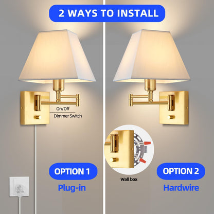 Wall Mounted Lamp Plug in Wall Sconce with Dimmable Switch Swing Arm Wall Lamp Whire Fabric Shade with USB Port Gold Wall Sconce Suitable for Hallway Bedroom Living Room…