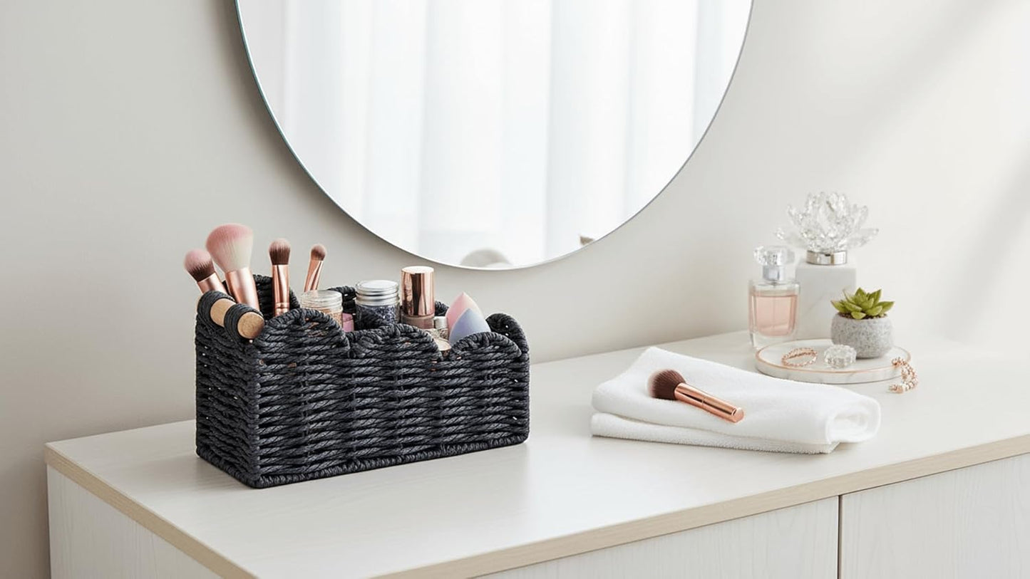 CubesLand Bedside Table Desk Organizer Caddy, Remote Pen&Pencil Holder Cup | Makeup Brush Holder w/Scalloped Perfect for Home, Office Desk, Living Room Table Decor, 3 Slots Neutral