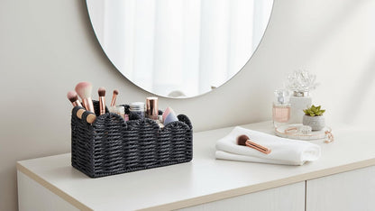 CubesLand Bedside Table Desk Organizer Caddy, Remote Pen&Pencil Holder Cup | Makeup Brush Holder w/Scalloped Perfect for Home, Office Desk, Living Room Table Decor, 3 Slots Neutral