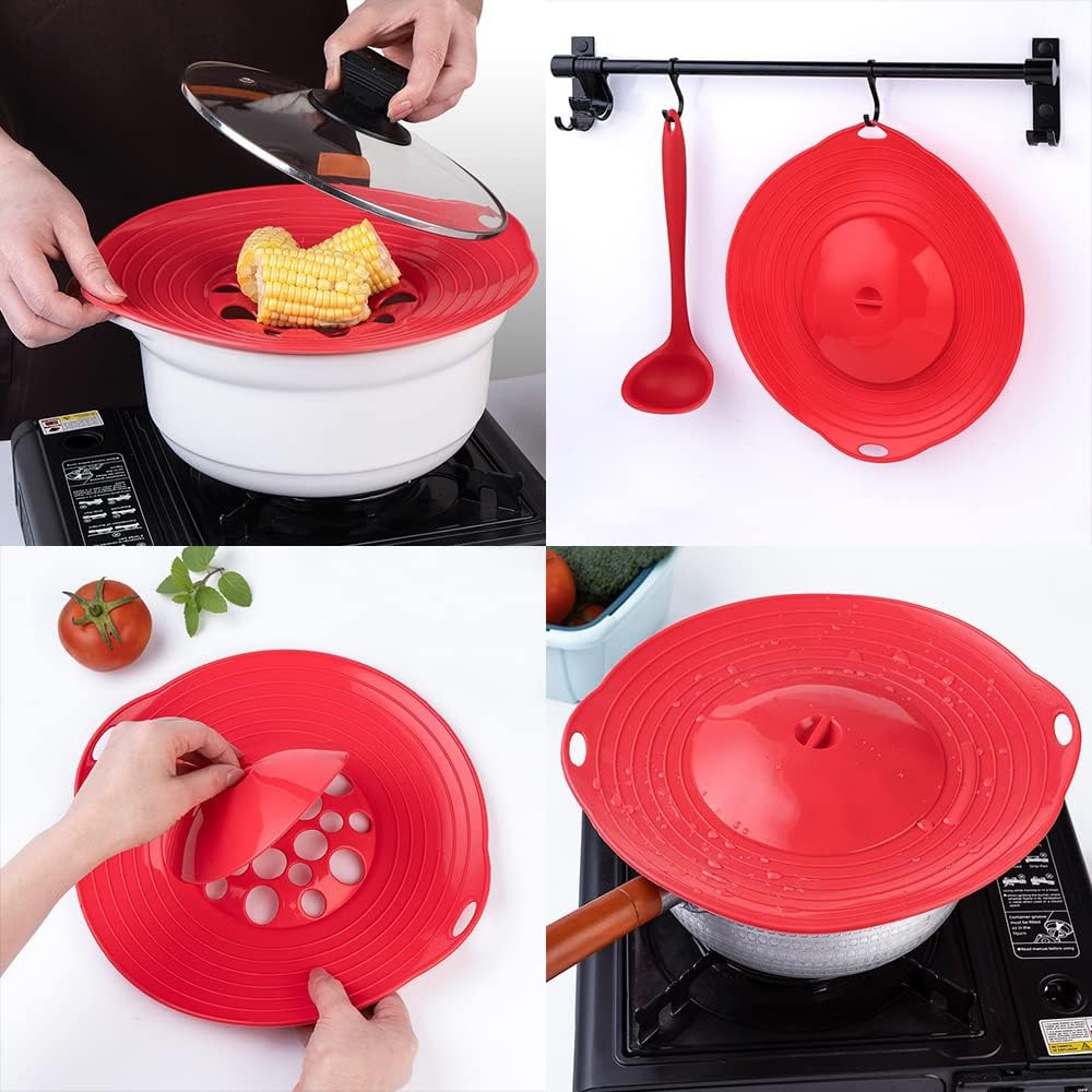 Silicone Boil Over Spill Stopper Lid - FDA Food Grade, BPA-free Instant Pot Cover Fits Openings 6" to 10" (Red)