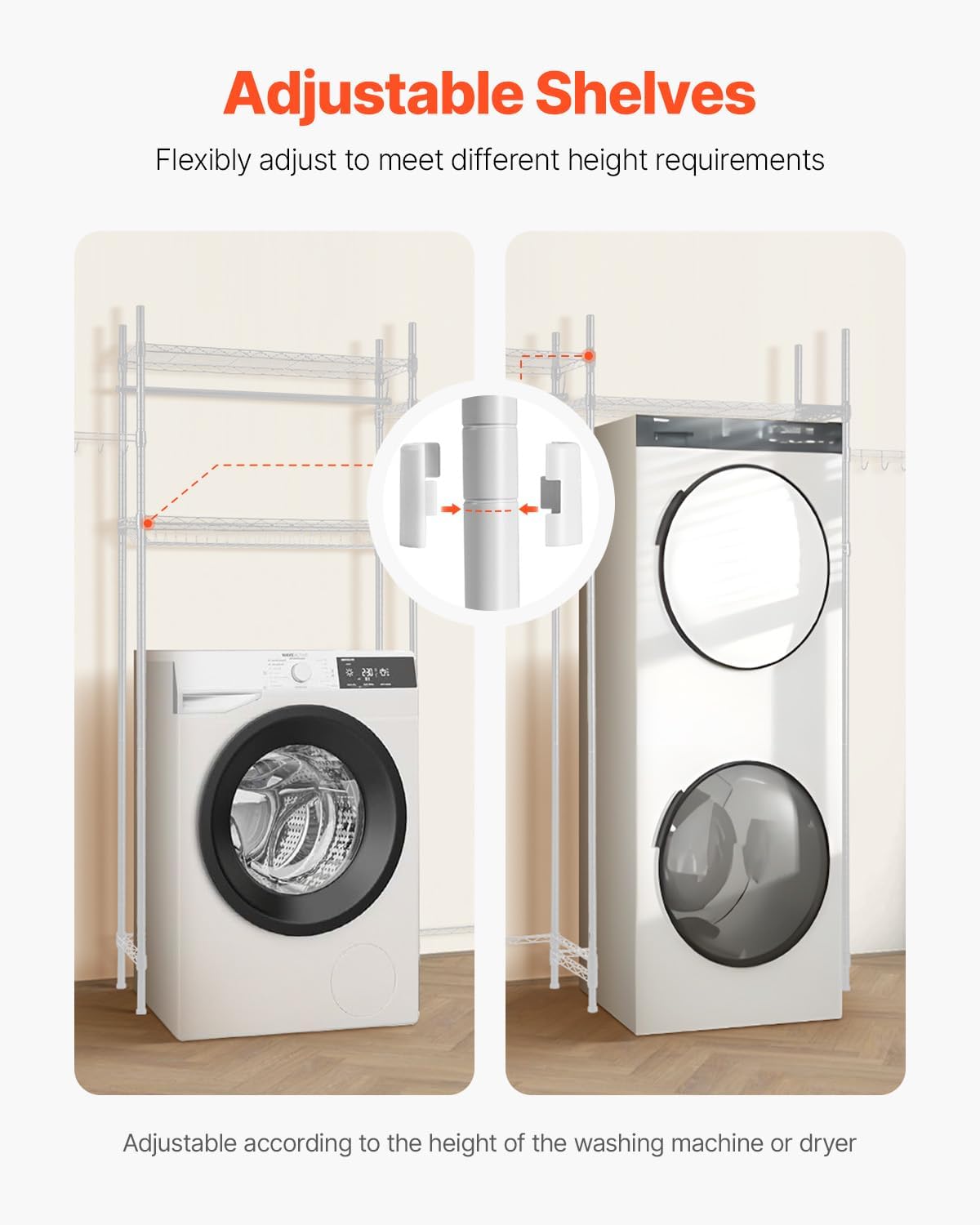 VEVOR Over The Washer and Dryer Storage Shelf, 3 Tier Laundry Room Drying Rack with Hanger Rod and Hooks, Adjustable Over Washer and Dryer Shelves, Laundry Room Shelf Storage Space Saver, White