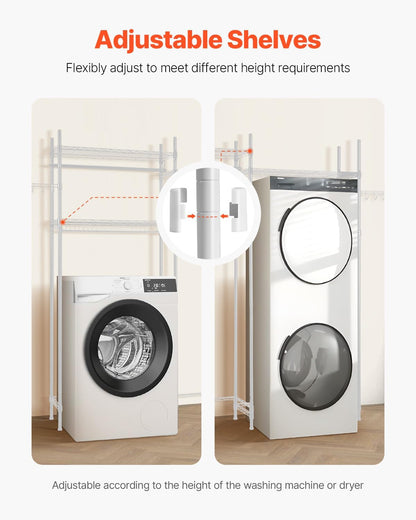VEVOR Over The Washer and Dryer Storage Shelf, 3 Tier Laundry Room Drying Rack with Hanger Rod and Hooks, Adjustable Over Washer and Dryer Shelves, Laundry Room Shelf Storage Space Saver, White