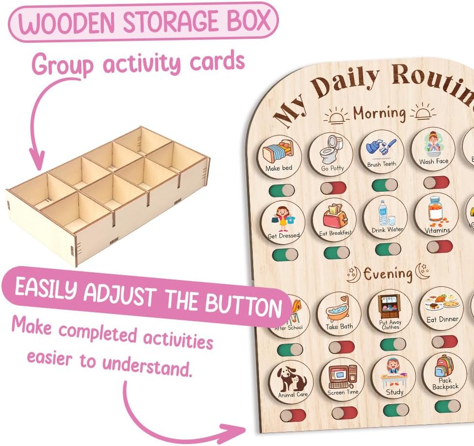 TinyKidz Wooden Daily Routine Chart 11x15, Schedule Board for Kids, Wooden Chore Chart for Kids, Responsibilities Chart for Toddlers, Morning Bedtime Routine for Toddlers