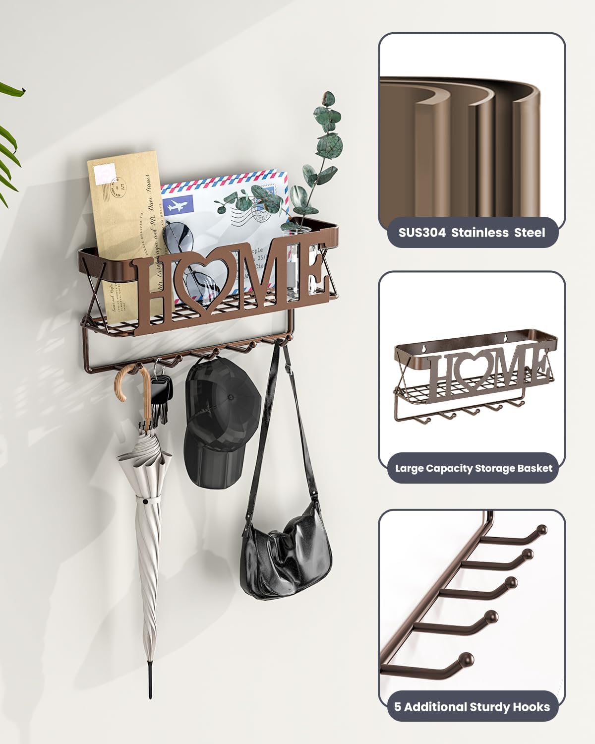 Key Holder for Wall - Key Rack with 5 Key Hooks, 11.02" L×2.75" W×4.92" H, Key and Mail Organizer Wall Mount with Mesh Basket, Key Hanger for Wall, Entryway, Home Decor(Matte Black)