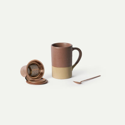 Mora Ceramics Tea Cup with Loose Leaf Infuser, Spoon and Lid, 12 oz, Microwave and Dishwasher Safe Coffee Mug - Rustic Matte Ceramic Glaze, Modern Herbal Tea Strainer - Great Gift for Women, Garnet