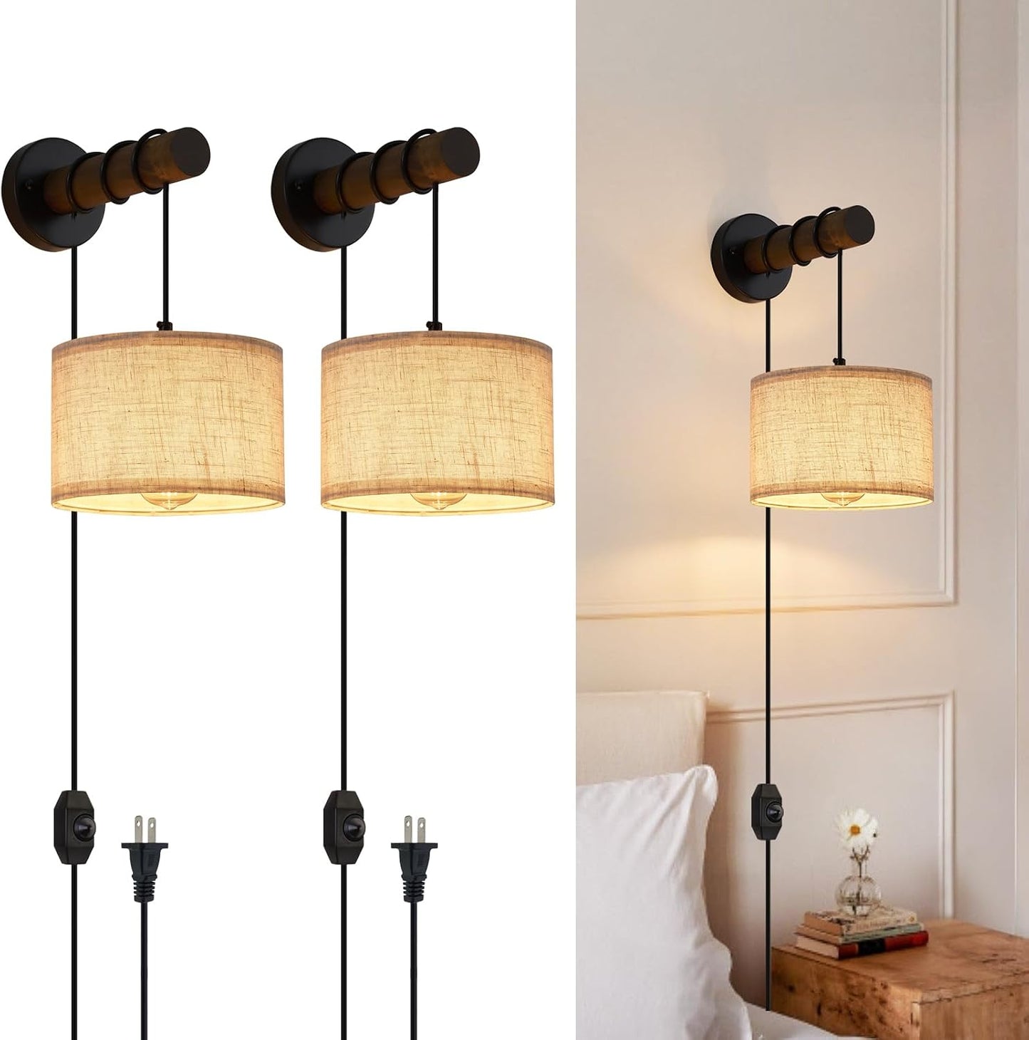 XSDeTu Battery Operated Wall Sconce with Remote, Rechargeable Battery Powered Wall Light, 3 Colors Dimmable Wall Mounted Lights, Adjustable Lamp for Bedroom Bedside, Wooden Arm, Fabric Shade, 2 Pcs