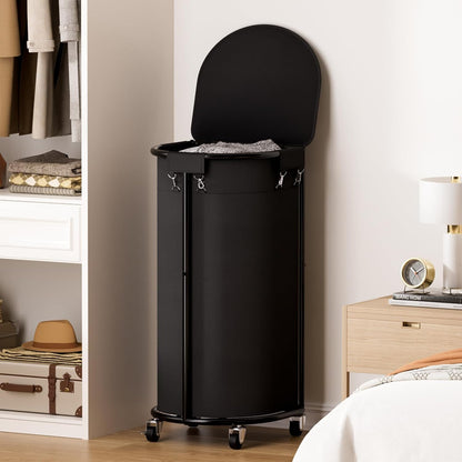 Laundry Hamper with Wheels and Lid, 100L Half Round Rolling Laundry Basket | Gasvadivum Sturdy Metal Frame Laundry Cart with Removable Bag, Dirty Clothes sorter Organizer for Bathroom, Bedroom, Black
