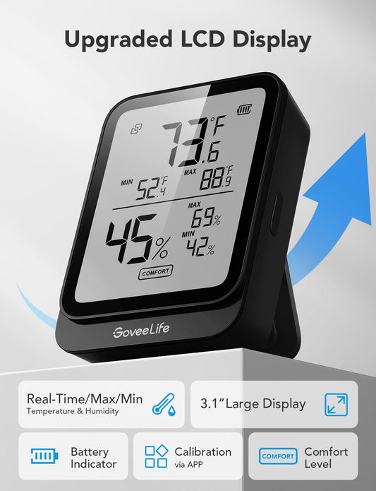 GoveeLife Bluetooth Hygrometer Thermometer H5104, LCD Digital White 2-Pack | Indoor temperature monitor with APP alert & 2-yr data storage export, humidity meter for greenhouse/wine cellar/bedroom