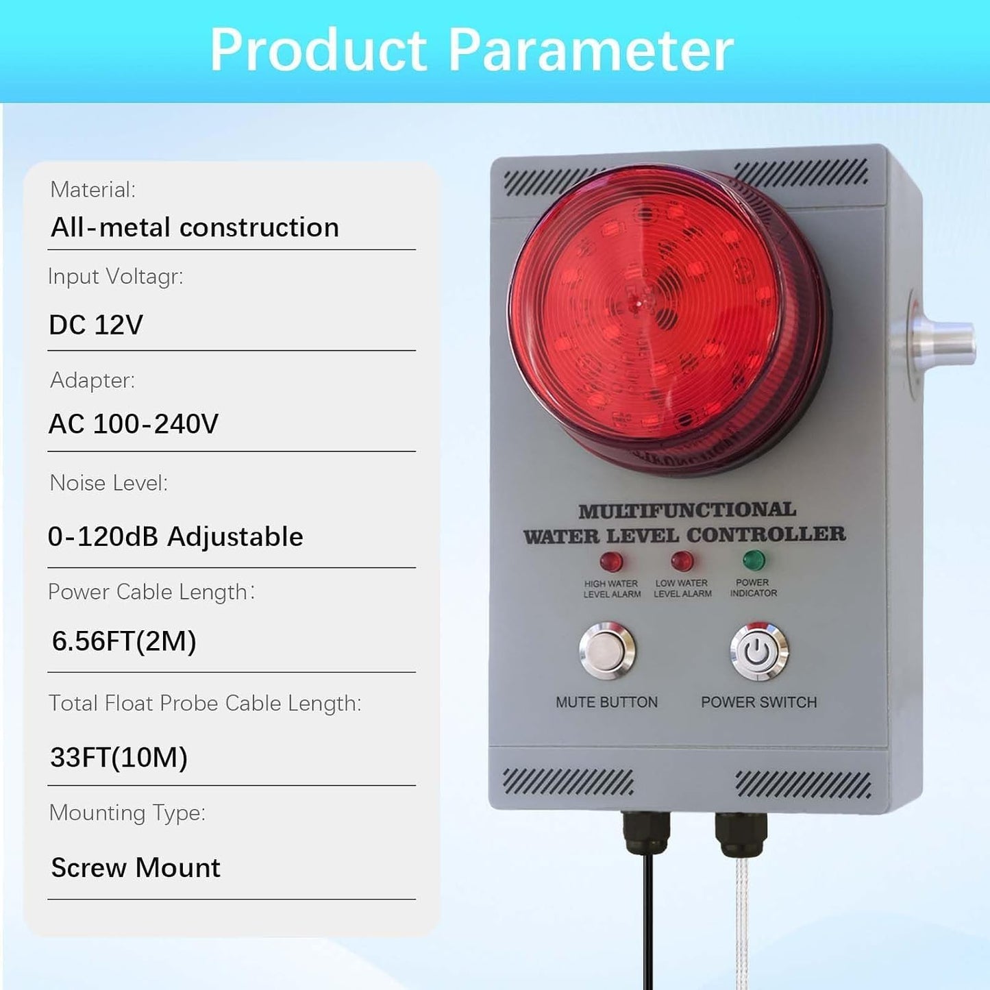 Professional Water Leak Alarm, Water Leak Detector with Dual Probes, 120dB Adjustable Audible/Visual Alarm, 33FT Cable, All-Metal Industrial for Sump Pump/Basement/Septic Tank/Well/Factory/Warehouse