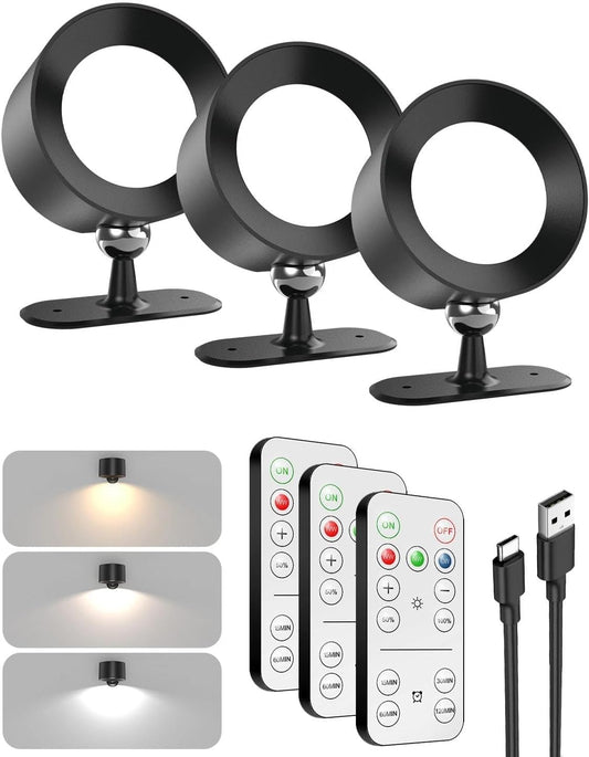 LED Wall Mounted Lights 360° Rotation Dimmable, 3000mAh Rechargeable Cordless Wall Sconces Lamp, 3 Color Temps & Remote and Touch, Wall Light for Study Bedroom Reading Bedside 3 Pack, Black