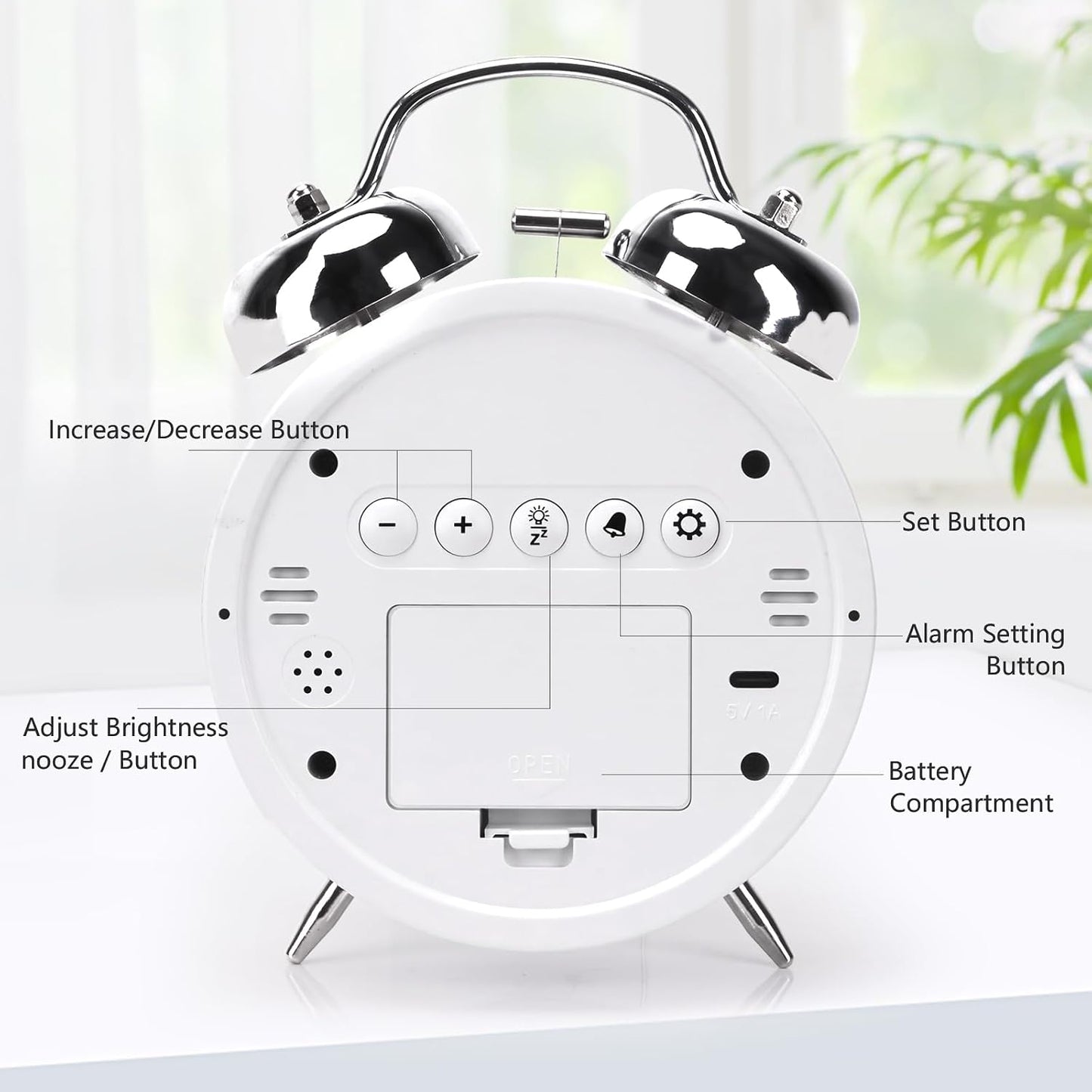 Digital Small Alarm Clock, 4.5 Inch Double Bell Electronic LED Alarm Clock, Plug in or Battery Operated Silent Metal Table Clock, Modern Loud Bedside Clock for Heavy Sleepers Adults Kids (Black)
