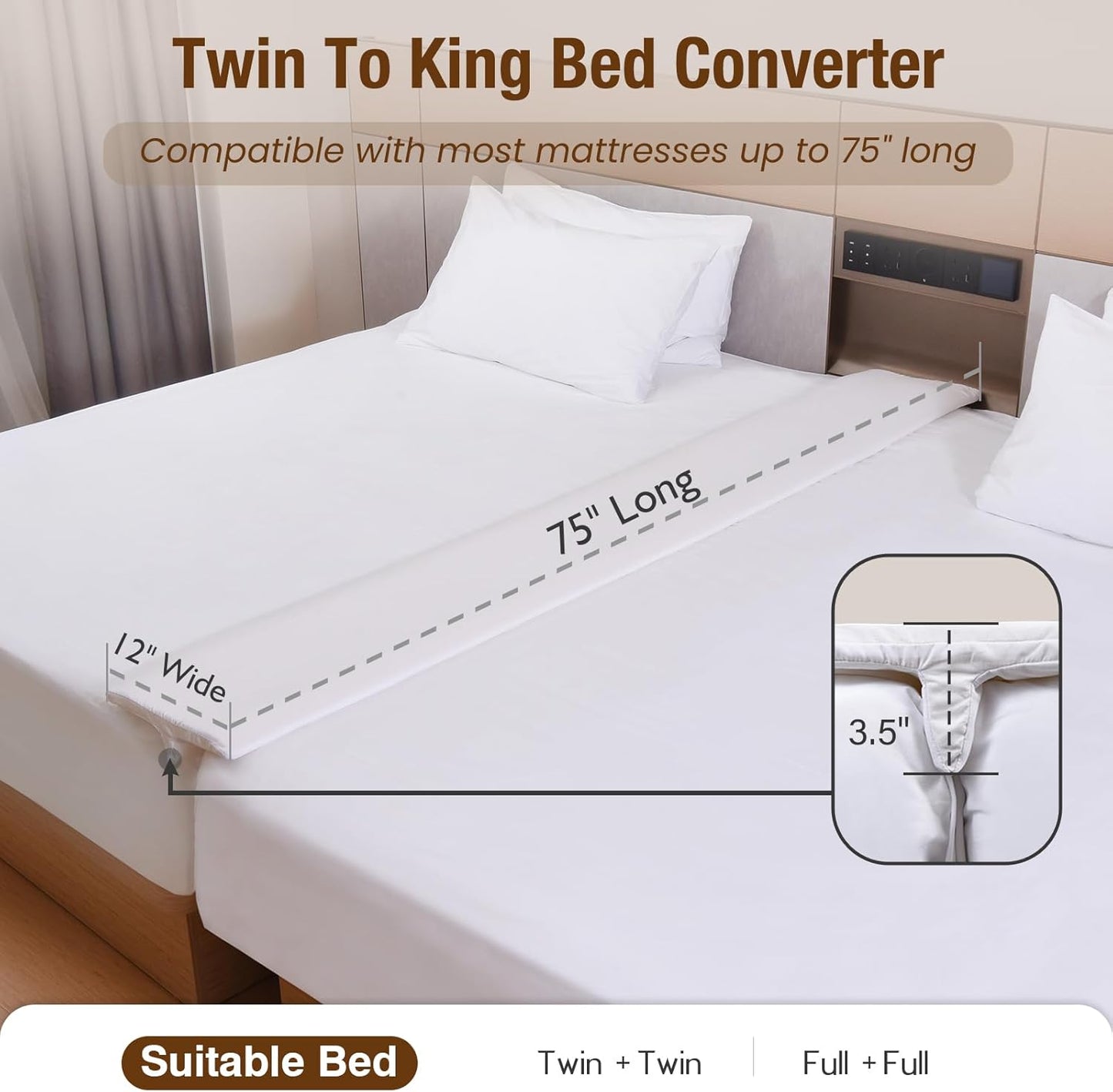 Vekkia 75”×12”Wide & Thin Split King Gap Filler for Adjustable Bed | For 1.5”–3” Gaps, Easy Install, Bed Bridge Twin XL to King, Washable Cover, Fits College Dorm, Guest Room, Hotel, Daybed