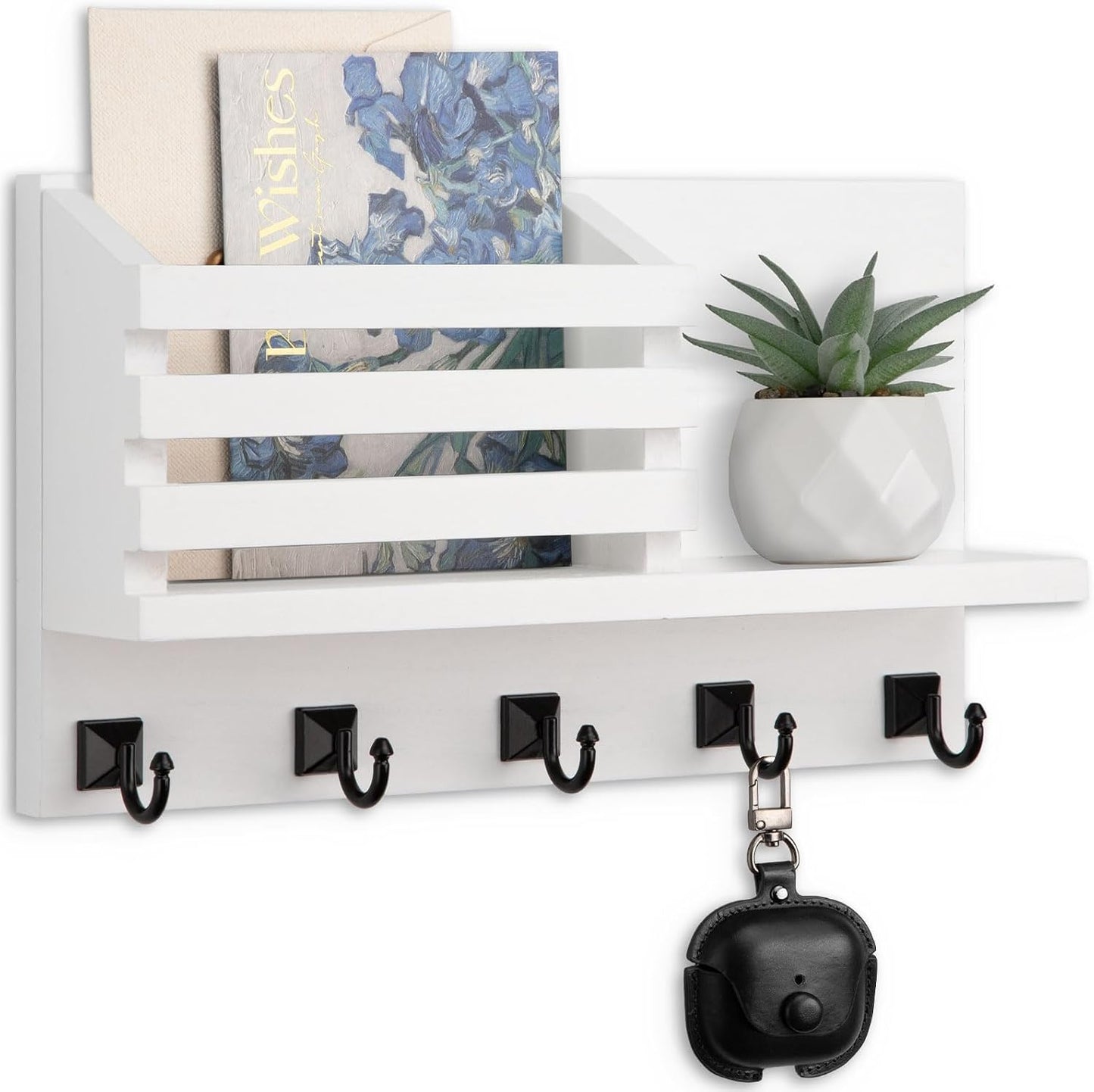 Key Holder Wall Mount, Mail Organizer for Wall with 5 Square Key Hooks | Key Holder for Wall, Key Holder with Shelf Farmhouse Home Decor for Home Entryway