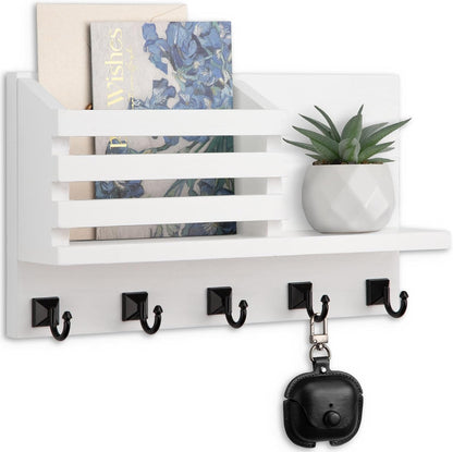 Key Holder Wall Mount, Mail Organizer for Wall with 5 Square Key Hooks | Key Holder for Wall, Key Holder with Shelf Farmhouse Home Decor for Home Entryway