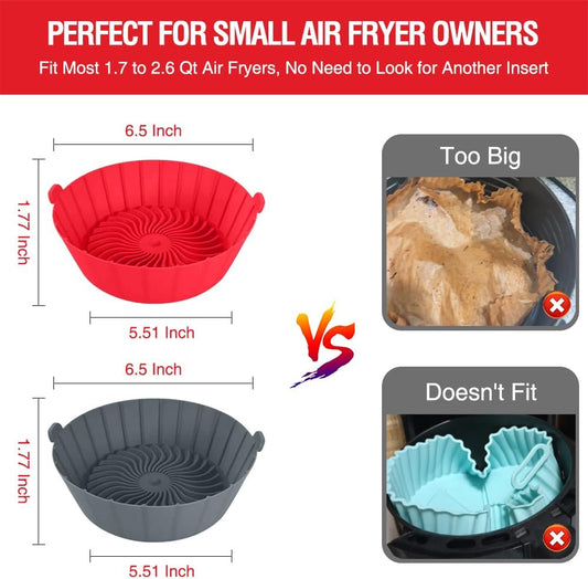 Small Air Fryer Silicone Liners for COSORI/Instant Pot/Chefman/Ninja/Dash/Bella/GoWise/COSMO Air Fryer 2QT 2.1QT 2.3QT 2.5QT, 2 Pack Reusable Silicone Basket Pot Baking Tray AirFryer Accessories