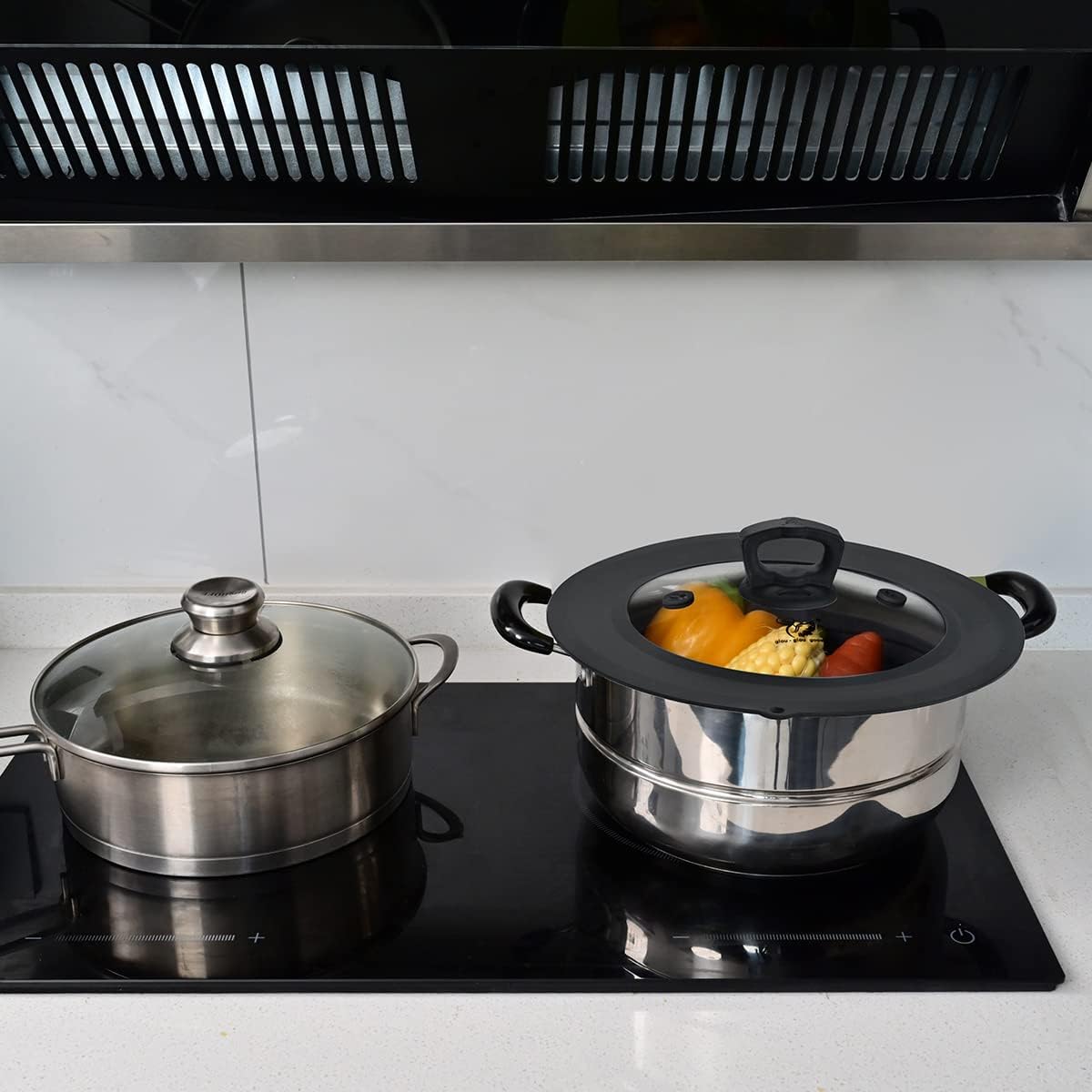 Vented Tempered Glass Universal Lid for Pot Pan Skillet with Heat Resistant Silicone Rim Microwave Splatter Lid Cover Microwave Safe Fit 11.5" 12" 12.5" Cookware, Dishwasher Safe Black