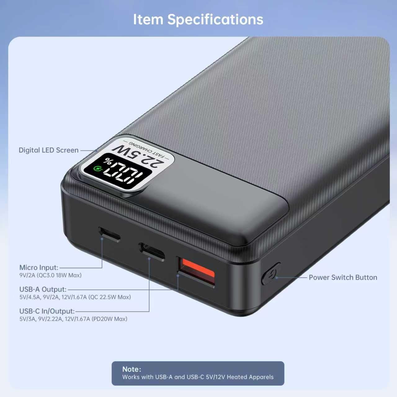 5V 2A 3A 20000mAh Battery Pack for Electric Heated Camping Chair, Stadium Seat Cushion, Vest, Jacket, Blanket, Red Light Therapy Pad - Digital LCD Screen PD20W Fast Charging Power Bank for iPhone