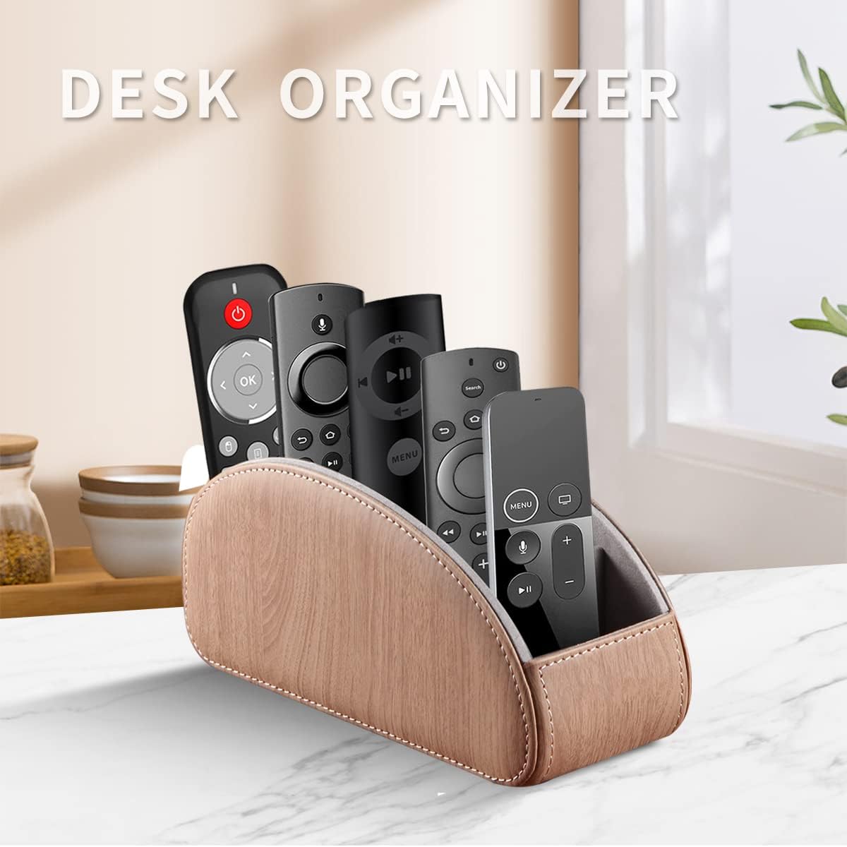 Pu Leather TV Remote Control Holder with 5 Compartments,Remote Caddy/Tray | Bedside Table Desk Storage Box/Organizer for Pen,DVD,Blu-Ray,Media Player,Heater Controller,Cosmetics,Glasses,Office Supplies