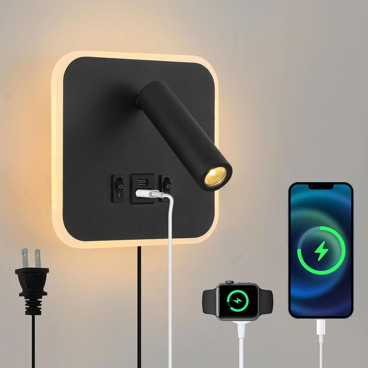 Wall Sconce Plug in with Wall Mounted Reading Lights,Modern Wall Lamp for Bedroom with Charging Station USB C+A Ports,Headboard Bedside Lamps with 3W+9W Night Light,3 Color Temperature