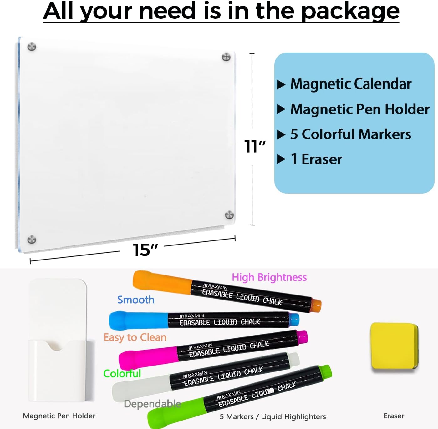 Acrylic Note Board Refrigerator Dry Erase Board Magnetic Clear 15”x11 Includes 4 Dry Erase Markers
