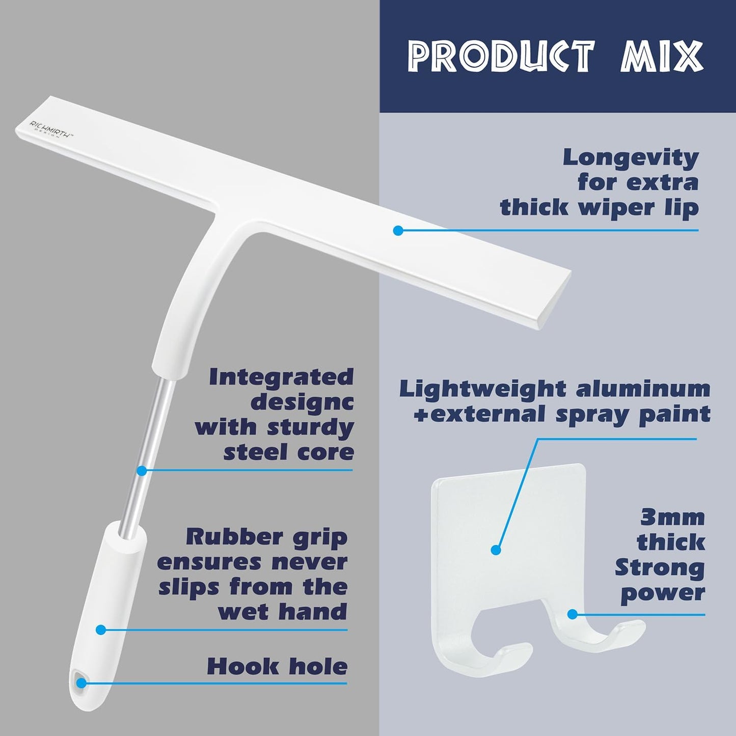 12 Inch Silicone Shower Squeegee for Glass Doors with Microfiber Cloth & Hook, Streak-Free Window Cleaner for Bathroom Mirror Tile Car, No-Scratch Squeegee with Rustproof Metal Core (Black)
