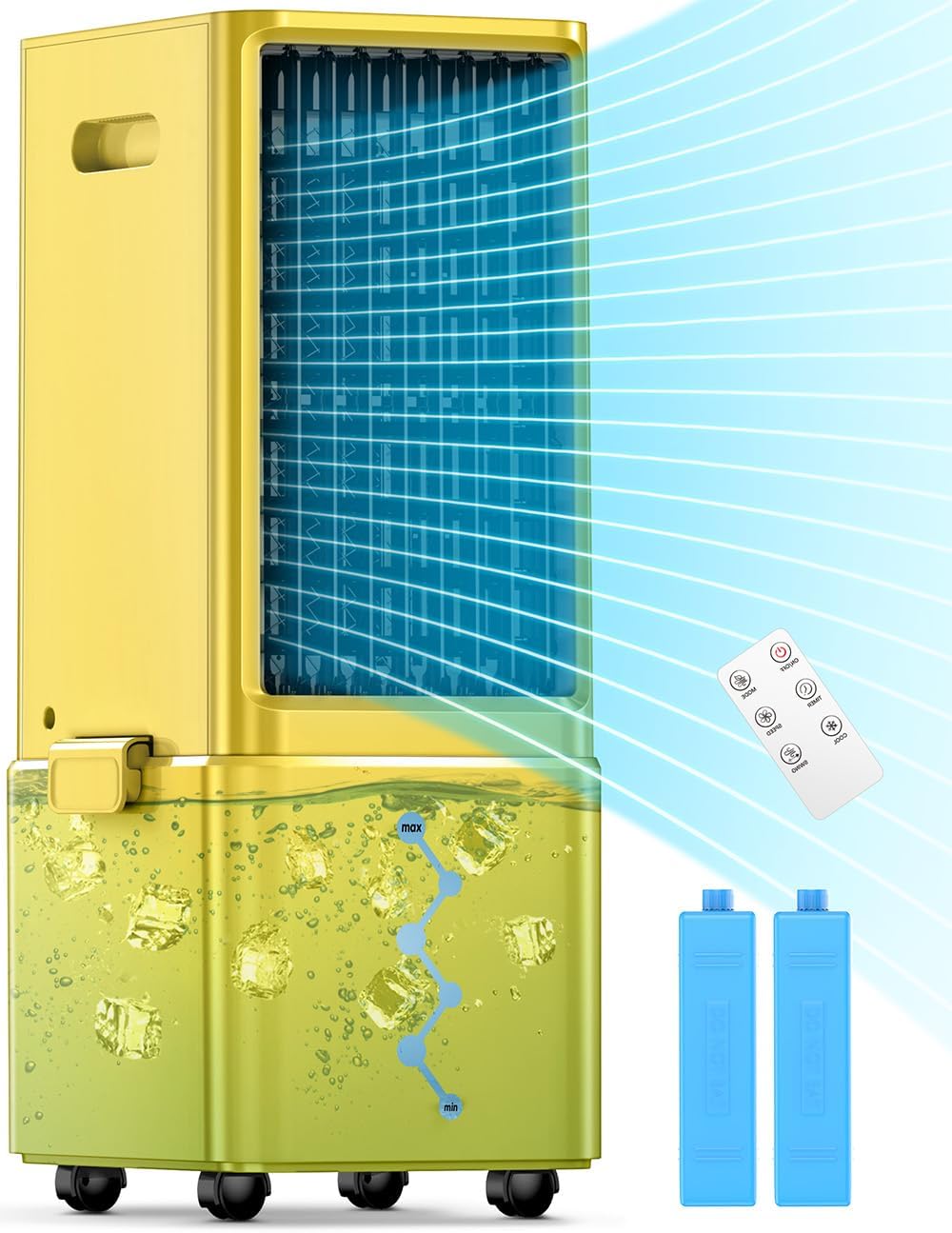 Portable Air Conditioners 4 Modes&3 Speeds,4 Ice Packs, Waterless Alert System, 12H Timer, Remote,1 Gal Detachable Water Tank, 70°Oscillation Windowless Evaporative Air Cooler for Room Office