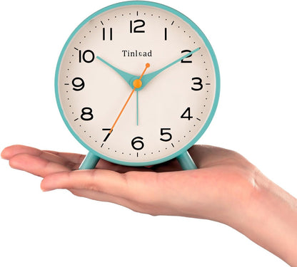 Tinload 4.5" Battery Operated Analog Alarm Clock, Small Silent Bedside Desk Clock with Night Light, Blue