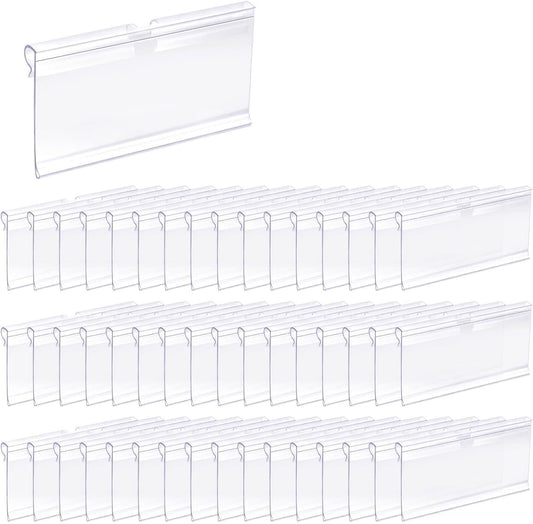 50 Pcs Clear Plastic Wire Shelf Label Holders, Basket Bin Labels Clip On for Storage Bins, Reusable Price Tag Holder, Merchandise Sign Display for Pantry Retail Shop (2.4 x 1.7 Inch)