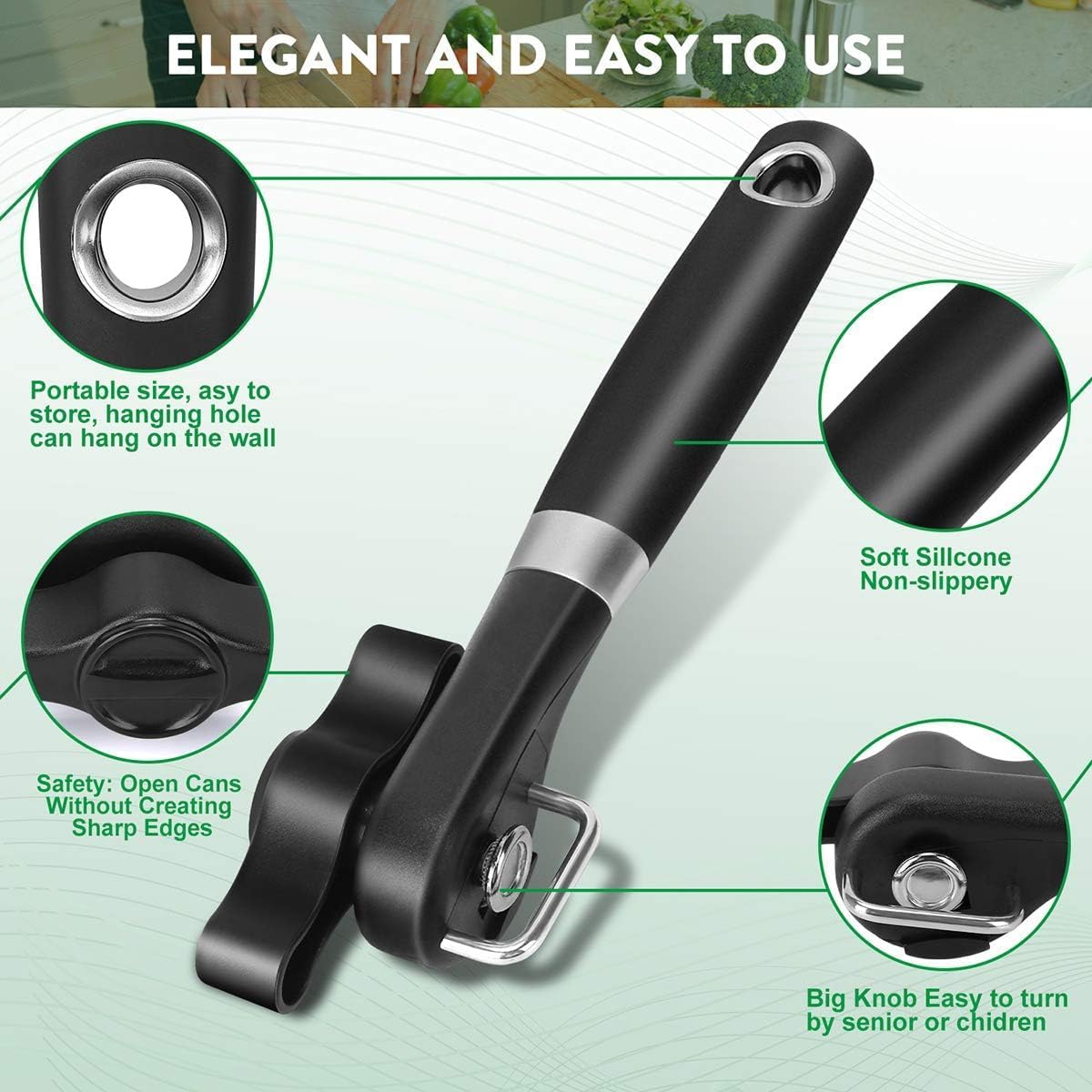 Can Opener Smooth Edge & Bottle Opener, Manual Side Safe Cut Can Opener Smooth Edge with Durable Sharp Blade, Effort-Saving Knob & Comfortable Non-slip Handle, (2-Pack, Black)