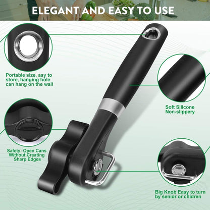 Can Opener Smooth Edge & Bottle Opener, Manual Side Safe Cut Can Opener Smooth Edge with Durable Sharp Blade, Effort-Saving Knob & Comfortable Non-slip Handle, (2-Pack, Black)