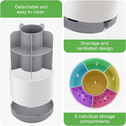 GFWARE Rotating Silver Toothbrush Holder for Bathroom Organizer, Drainage | Detachable 6 Slots Kids Electric Toothbrush and Toothpaste Holder, Bathroom Countertop Sink Storage Caddy