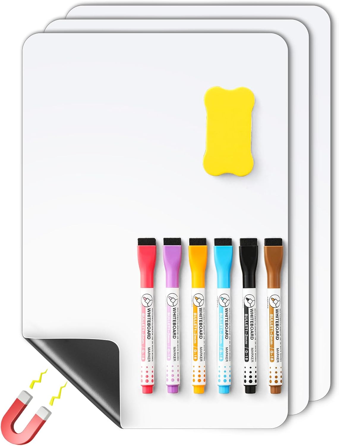 4 PACK Magnetic Dry Erase Board Sheet for Fridge, 12"x8" Erasable Refrigerator WhiteBoard w/ 6 Markers & 1 Eraser- Smooth and Flexible Small Magnet Blank Notepad for Home Kitchen Organizer and Planner
