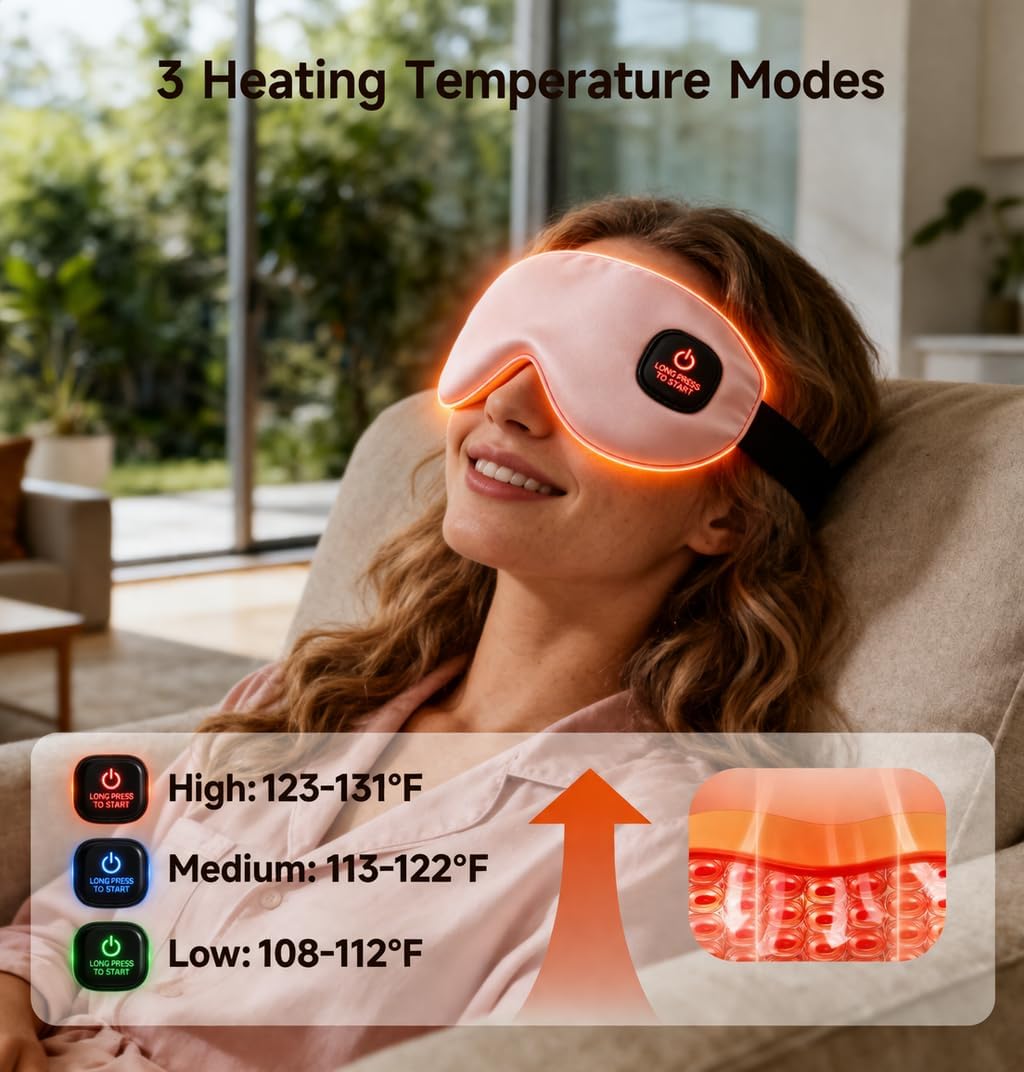 Cordless Eye Mask with Heat and Cooling, Silk Heated Eye Mask for Dry Eyes, Eye Relief, Timed Shutdown, 3 Temperature, Eye Mask for Travel, Washable Cover, Pink