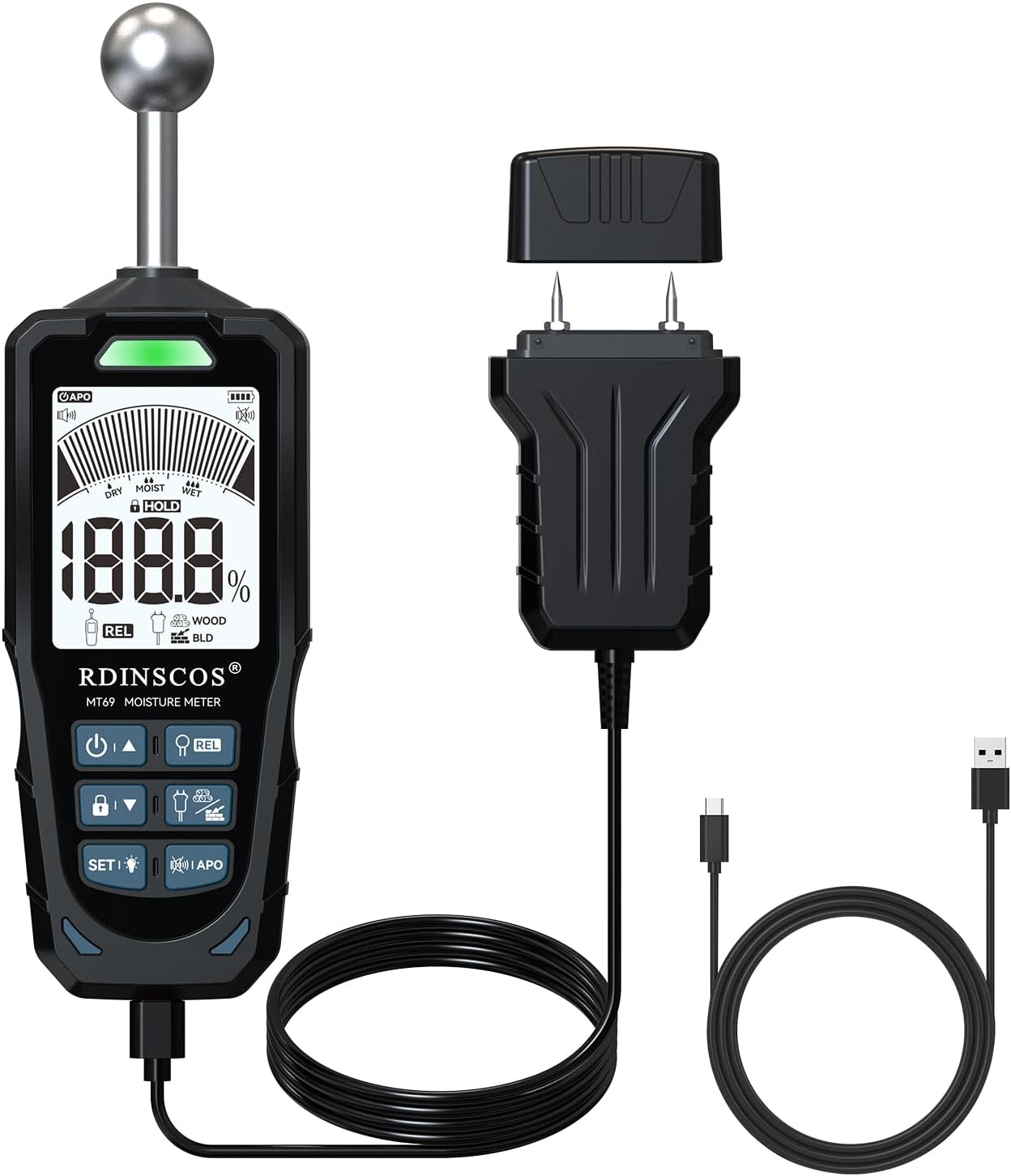 Pinless Moisture Meter for Wall,Floor – Digital Moisture Tester | With 3-Color LCD Display, Audible Alarm & HOLD Function, Ideal for Home Inspections