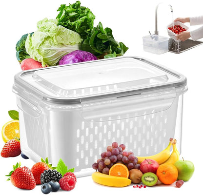 Fruit Storage Containers for Fridge with Removable Colanders and Lids | 4-in-1 Multifunctional transparent plastic produce containers, leakproof fridge organizers for Fruit, vegetables & meal prep