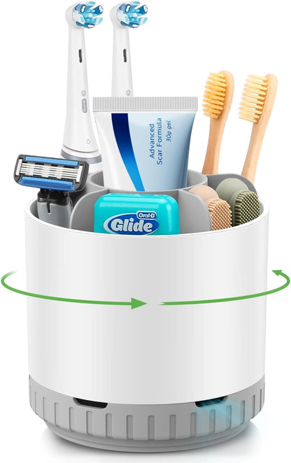 GFWARE Rotating Silver Toothbrush Holder for Bathroom Organizer, Drainage | Detachable 6 Slots Kids Electric Toothbrush and Toothpaste Holder, Bathroom Countertop Sink Storage Caddy