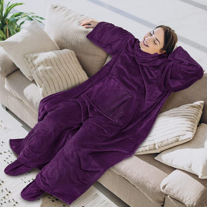 PAVILIA Fleece Blanket with Sleeves and Foot Pockets Women Men, Dark Purple