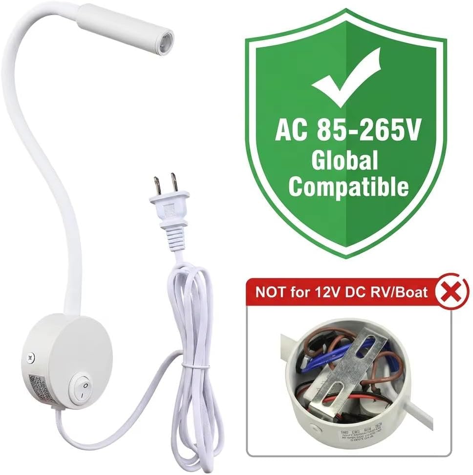 Wall Mounted LED Reading Lamp Focused 25° Spotlight for Bedroom headboard Marine Cabin Boat Yacht Interior Light Hotel Suite Hospital Patient Room Bedside Sconce 4.92ft Cord