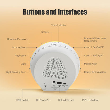 Alarm Clock Sound Machine Sleeping, Sunrise Digital Alarm Clocks Bedrooms, Loud Bluetooth Speaker Alarms Clock 23 White Noise Dual Alarms Snooze 12/24H Night Lights Timer USB Charging Dimmer, White